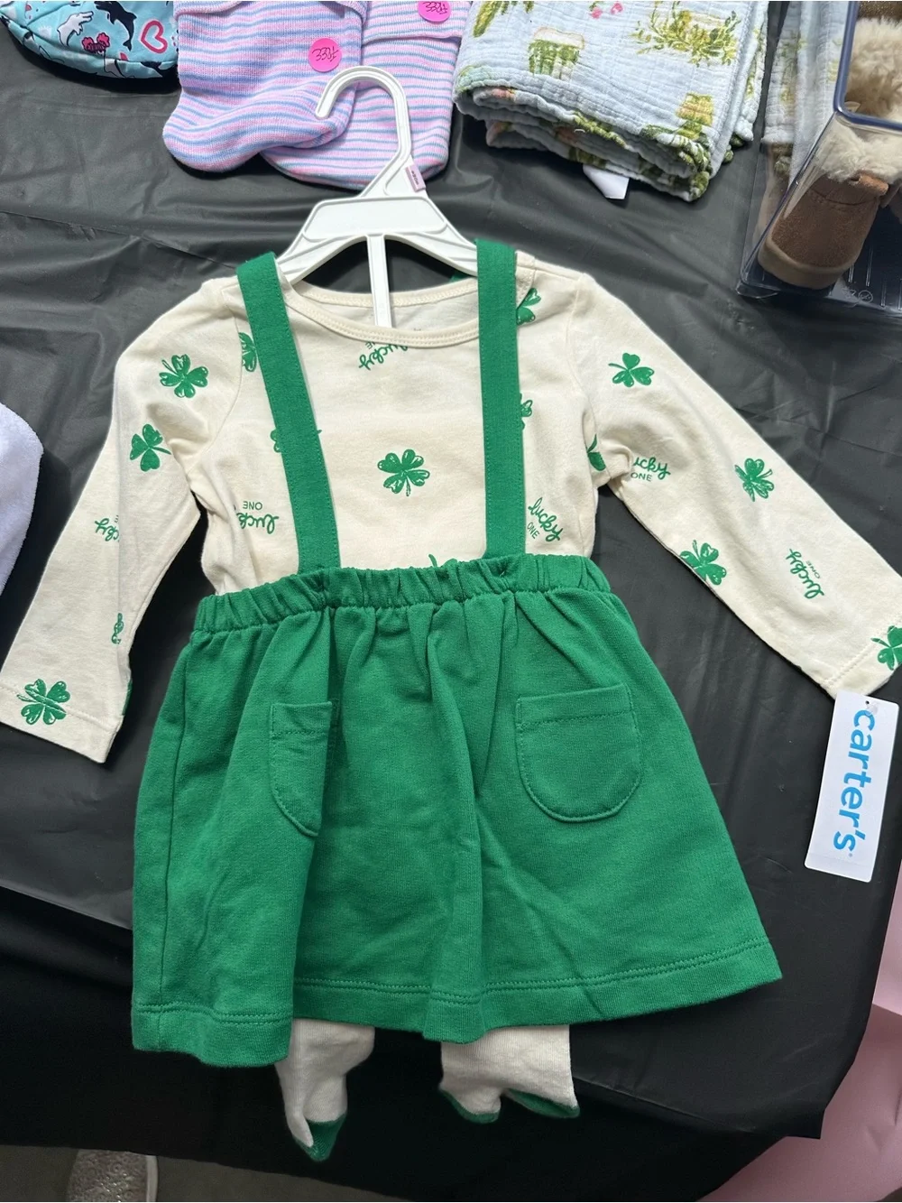 Carter's Cream Top with Green Shamrock Print and Green Suspender Skirt - Picture 1 of 2